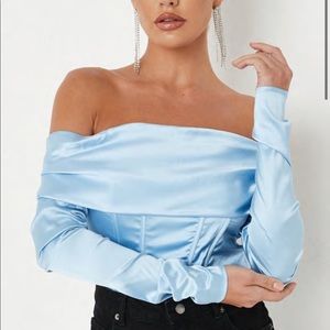 NET MISSGUIDED blue satin bardot corset top